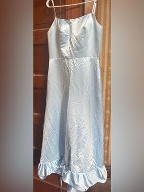 Light Blue Satin Midi Slip Dress with Ruffle Hem